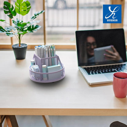 YINGHUA Metal Mesh Desk Organizer with 5 Compartments and Rotating Pencil Holder Pen and Stationery Organizer for Office Home School Anti Slip Base Black