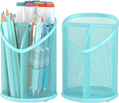 Delifox 2 Pack Pen Holder Mesh Round Pencil Holder Desktop Organizer 3 Compartments, Black