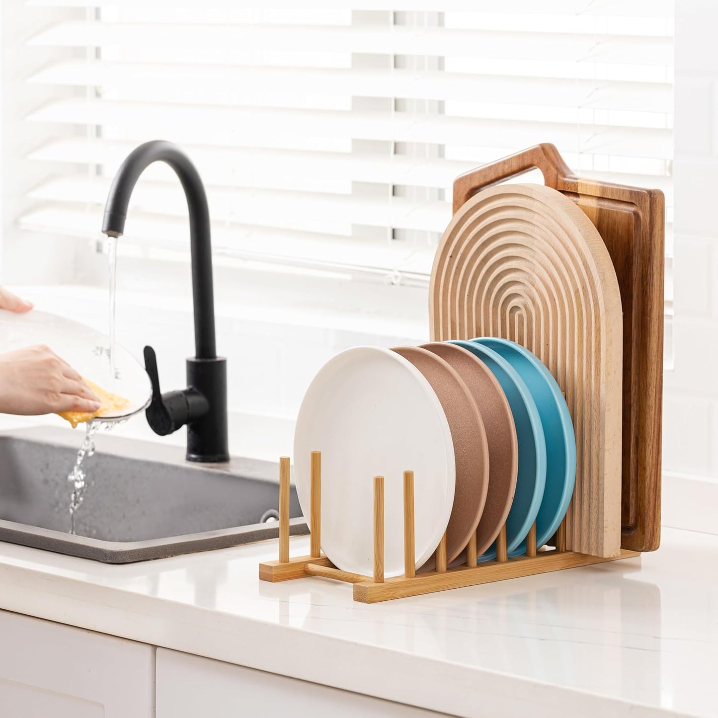 HBlife Heighten and Widen Bamboo Dish Drying Rack Plate Bowl Cup Book Pot Lid Cutting Board Stand Drainer Storage Holder Organizer for Kitchen Cabinet