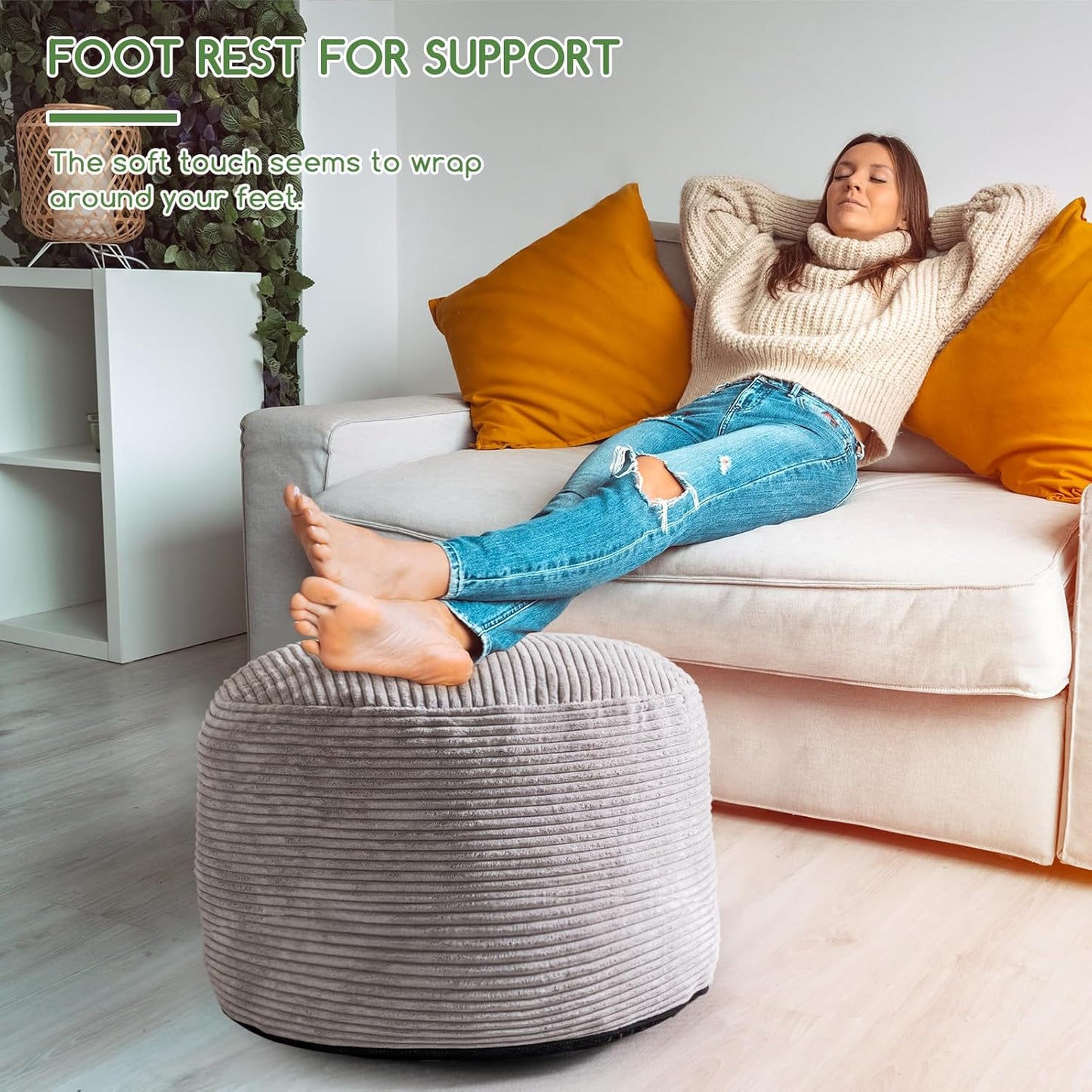 HIGOGOGO Round Stuffed Pouf Ottoman, Corduroy Poufs with Foam Chunk Filling, Furry and Fluffy Pouf Foot Stool Storage Ottoman, 20 X 15 Floor Poufs Foot Rest for Living Room, Dark Grey