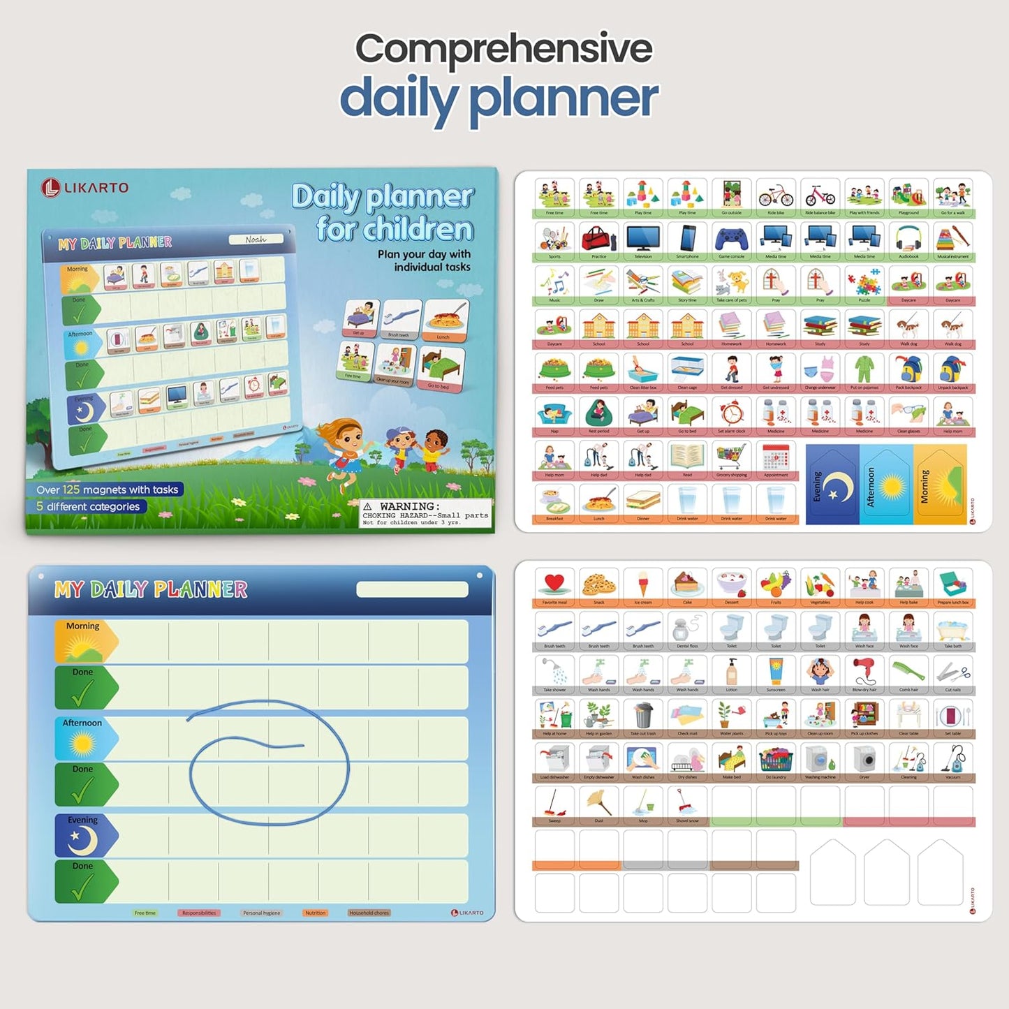 LIKARTO® Weekly Planner for Children - Montessori Magnetic Board incl 194 Magnets & Cord - Fully Writable & Wipeable - Encourages Independence