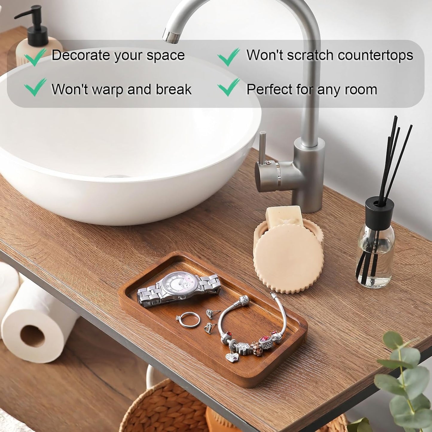 ALELION 8" Acacia Wood Bathroom Vanity Tray for Counter - Dresser Top Tray for Perfume Jewelry Candle Key Catchall - Small Kitchen Countertop Organizer for Soap Dispenser and Sponge Holder