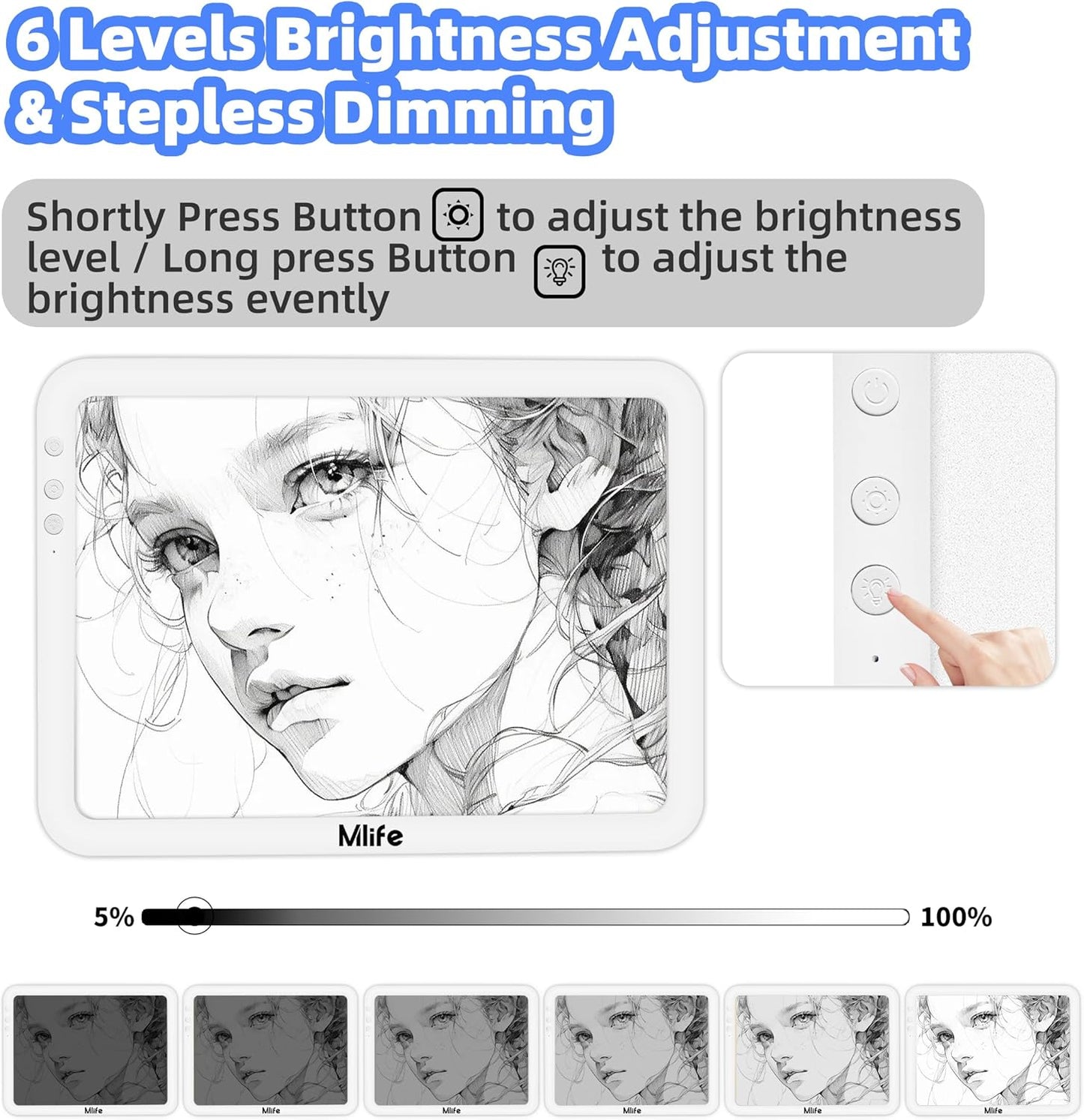 Mlife A4 Rechargeable Tracing Light Pad,Stepless dimming,Six Brightness Settings Up to 8860 Lumens,Cordless and Portable Drawing Light Board for Tracing,Weeding Vinyl,Sketching,Diamond Art(White)
