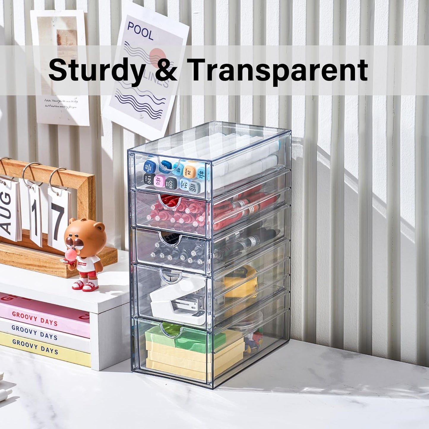 Prsildan Acrylic Drawer Makeup Organizer with 6 Drawers (Not for Baby Bottle), Set of 2 Office Desk Organizers Accessories, Clear Stackable Storage Drawers for Vanity, Craft (Largest Drawer 4" Tall)