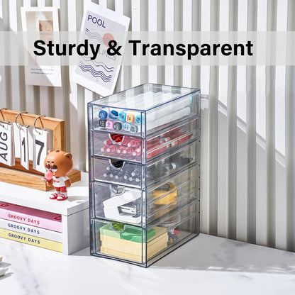 Prsildan Acrylic Drawer Makeup Organizer with 6 Drawers (Not for Baby Bottle), Set of 2 Office Desk Organizers Accessories, Clear Stackable Storage Drawers for Vanity, Craft (Largest Drawer 4" Tall)