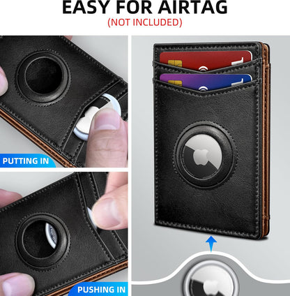 miyozi Airtag Wallet for Men- with Money Clip Gift Boxed, Magnetic Closure Slim Genuine Leather Front Pocket Wallet, 4.1"x 2.8", RFID Blocking