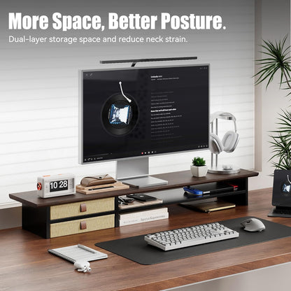 FENSULN Dual‑Tier Monitor Stand Riser with Drawers, Desktop Organizer Shelf Storage for Computer Screen 2 Monitors, Supports for PC Computer Monitor, Printer, Heavy TV Riser Brown and Black