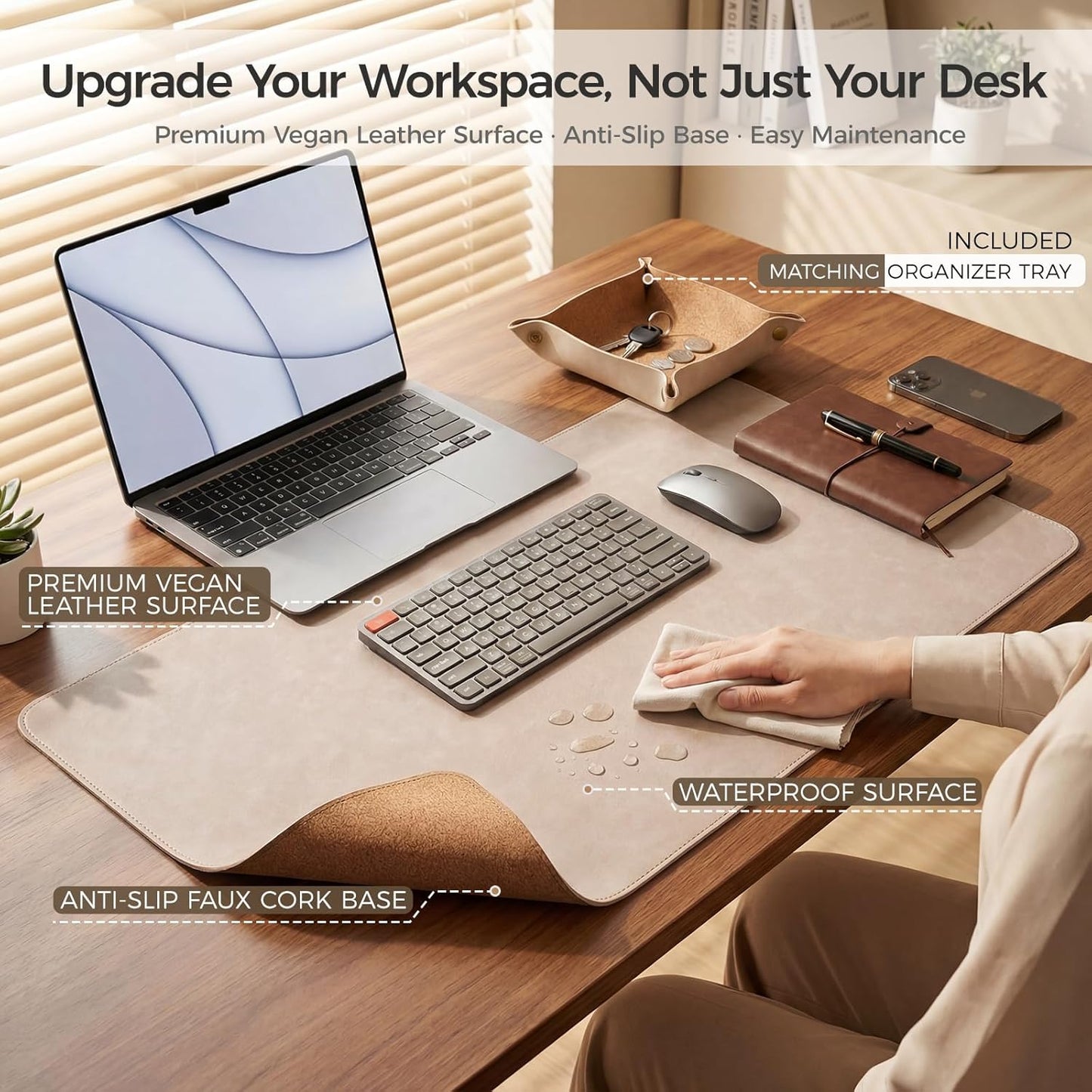 Premium Faux Leather Desk Mat & Tray Set，Innovative Cork-Look Printed Base，Gift Tube Packaging，Full-Desk Coverage，Non-Slip Desk Pad for Office Home（Olive Green）