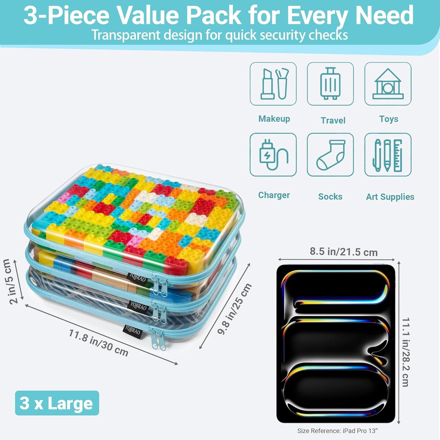 YQBRAO 6 Pack Clear Hard Shell Zipper Case, 1.2mm Heavy Duty Crush-Proof Diaper Bag Organizer Pouches, TSA Approved Travel Makeup Bag for Toiletries & Electronics, (2L, 2M, 2S) Multi-Size Storage Set