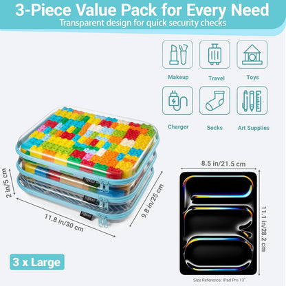 YQBRAO 6 Pack Clear Hard Shell Zipper Case, 1.2mm Heavy Duty Crush-Proof Diaper Bag Organizer Pouches, TSA Approved Travel Makeup Bag for Toiletries & Electronics, (2L, 2M, 2S) Multi-Size Storage Set