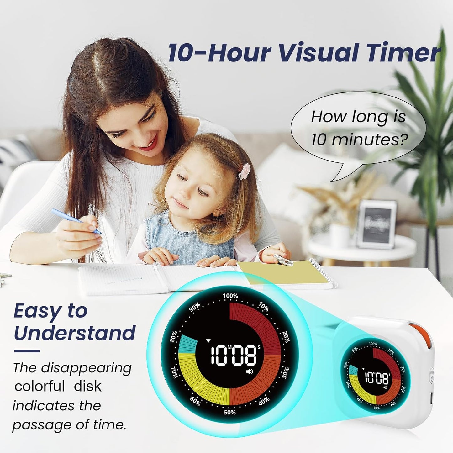 PERSUPER Visual Timer for Kids, 10 Hours Countdown/Up, with Rechargeable, 3 Volume Levels, 3 Brightness Display, and Magnetic, Homeschool Study Tool, Large Digital Timers for Classroom, Kitchen