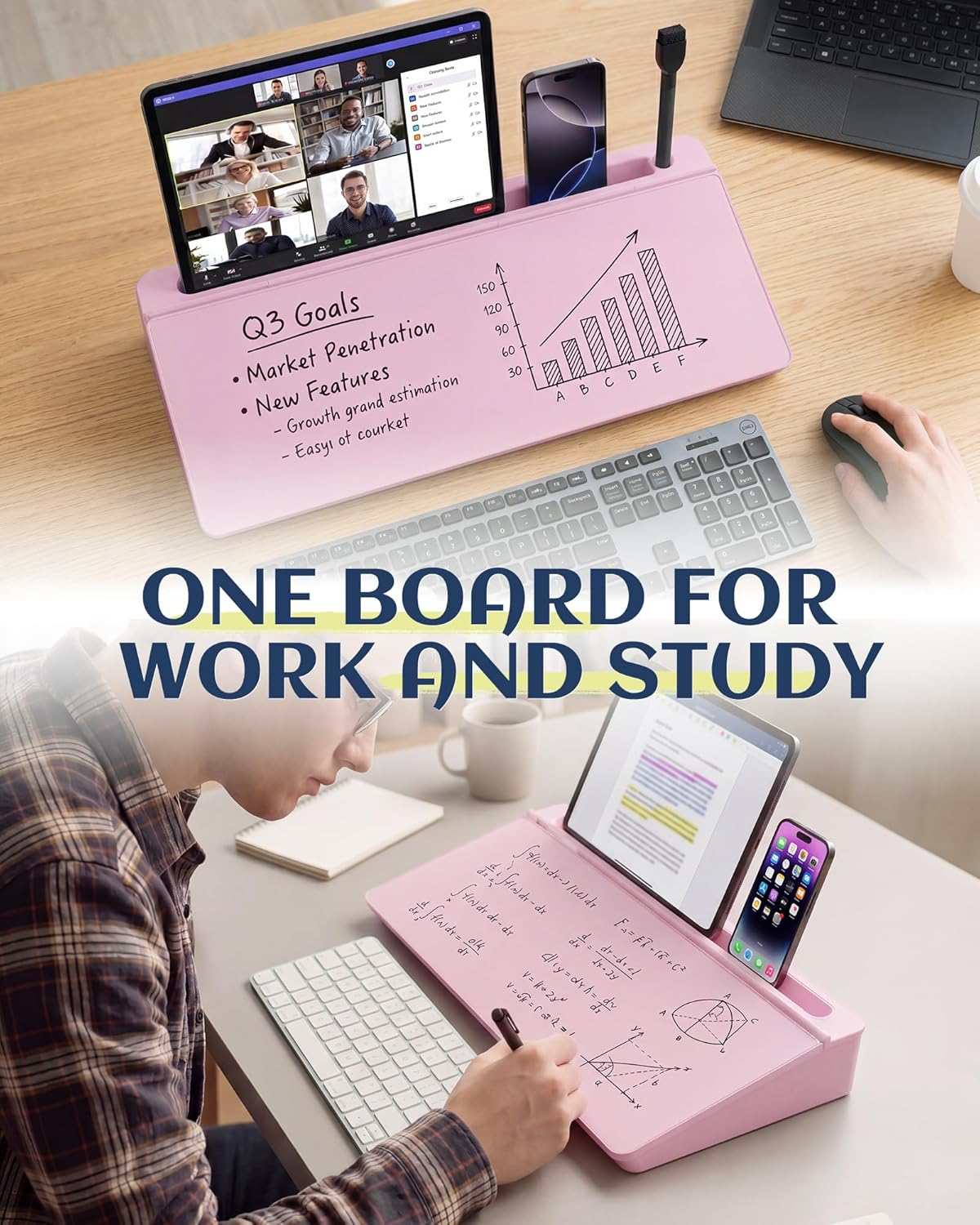 Glass Desktop Whiteboard, Dry Erase Board with Marker Holder, Computer Monitor Message Board and Desk Organizer for Home, Office and School Supplies (Pink)