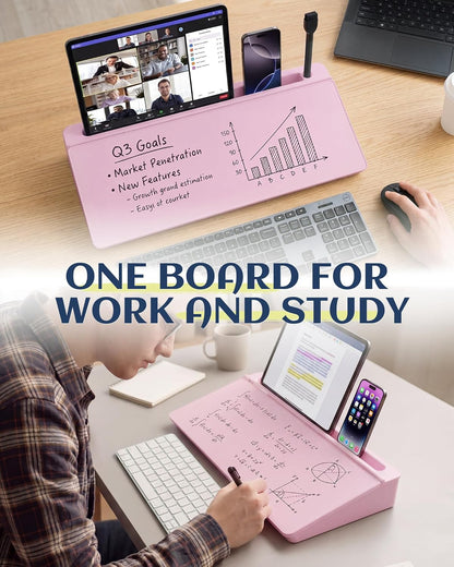 Glass Desktop Whiteboard, Dry Erase Board with Marker Holder, Computer Monitor Message Board and Desk Organizer for Home, Office and School Supplies (Pink)