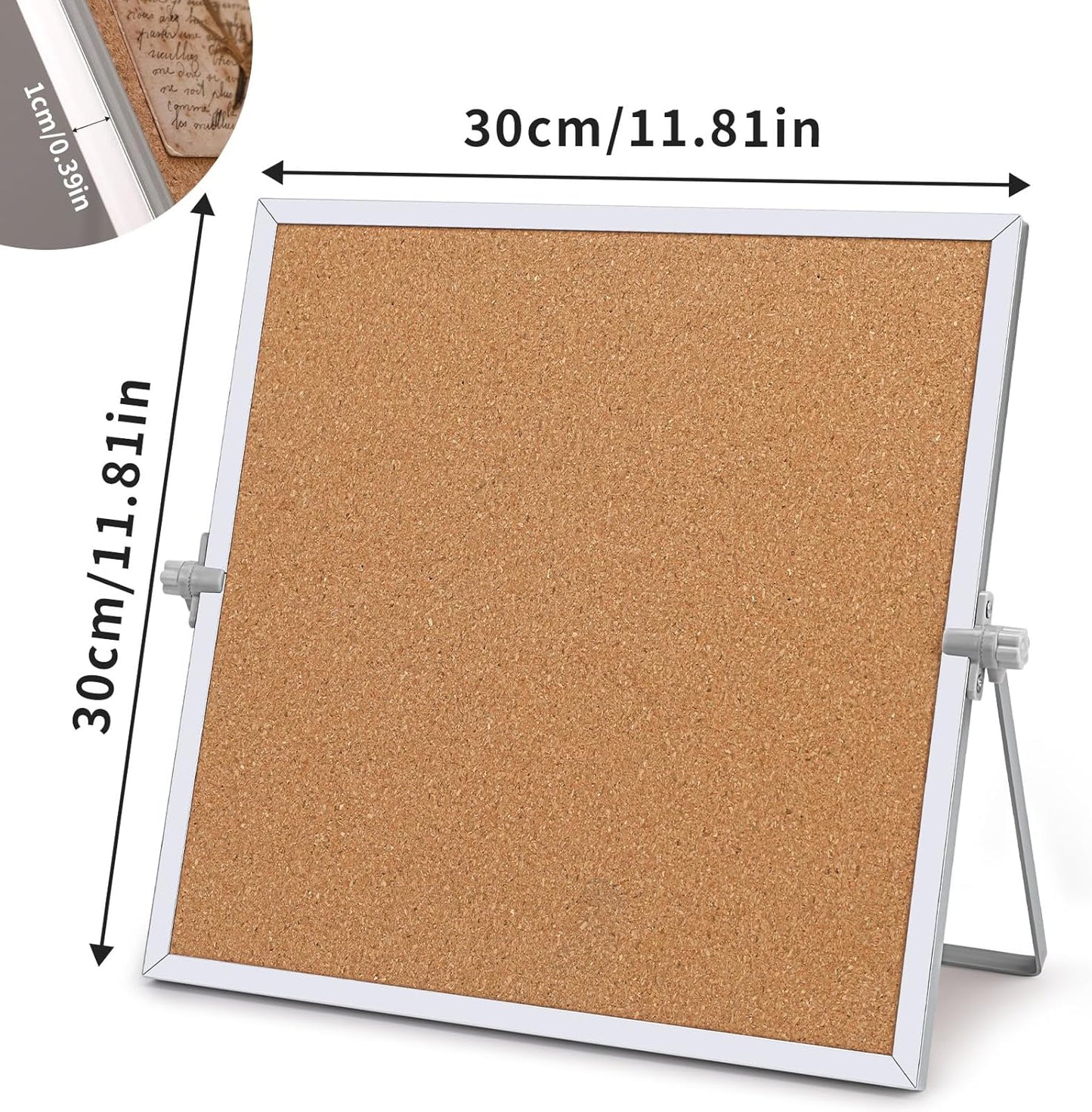 9.8"×9.8" Cork Board Bulletin Board, Double Sided Pin Board with Silver Aluminum Border, Desktop Small Cork Board with Stand Suitable for Home, Office, Desk Message Board or Picture Board