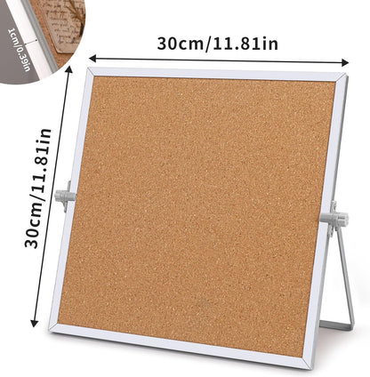 9.8"×9.8" Cork Board Bulletin Board, Double Sided Pin Board with Silver Aluminum Border, Desktop Small Cork Board with Stand Suitable for Home, Office, Desk Message Board or Picture Board