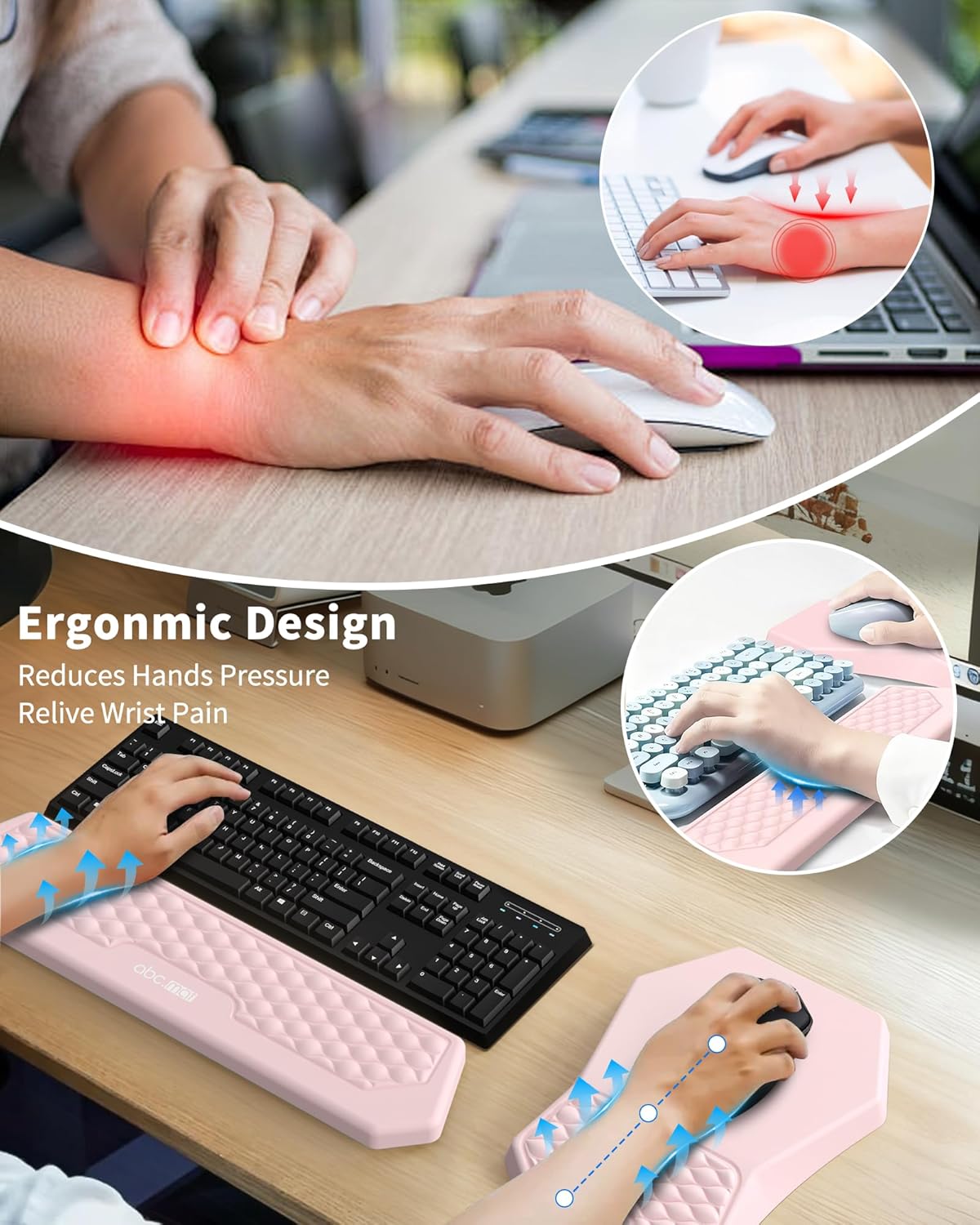 Ergonomic Mouse Pad and Keyboard Wrist Rest Support Set, Massage Design Mousepad for Carpal Tunnel Pain Relief, Memory Foam, Non-Slip PU Base for Computer Desk, Black