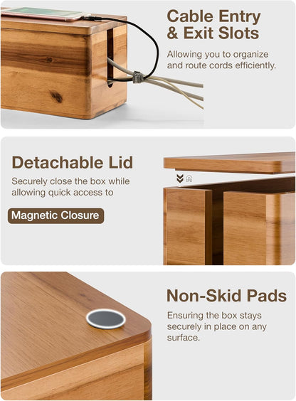 TIDITA Acacia Wood Cable Management Box Round Edge - 16" L Wooden Cable Organizer Box for Electrical Hiding Cord Management - Power Strip Hider Cable Storage Box for Office, Router Wires, Under Desk