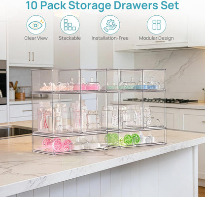 Vtopmart Stackable Storage Drawers Set of 3,Clear Plastic Organizer Bins for Makeup, Cosmetics, Beauty Supplies,Ideal for Vanity, Bathroom,Cabinet,Pantry Organization
