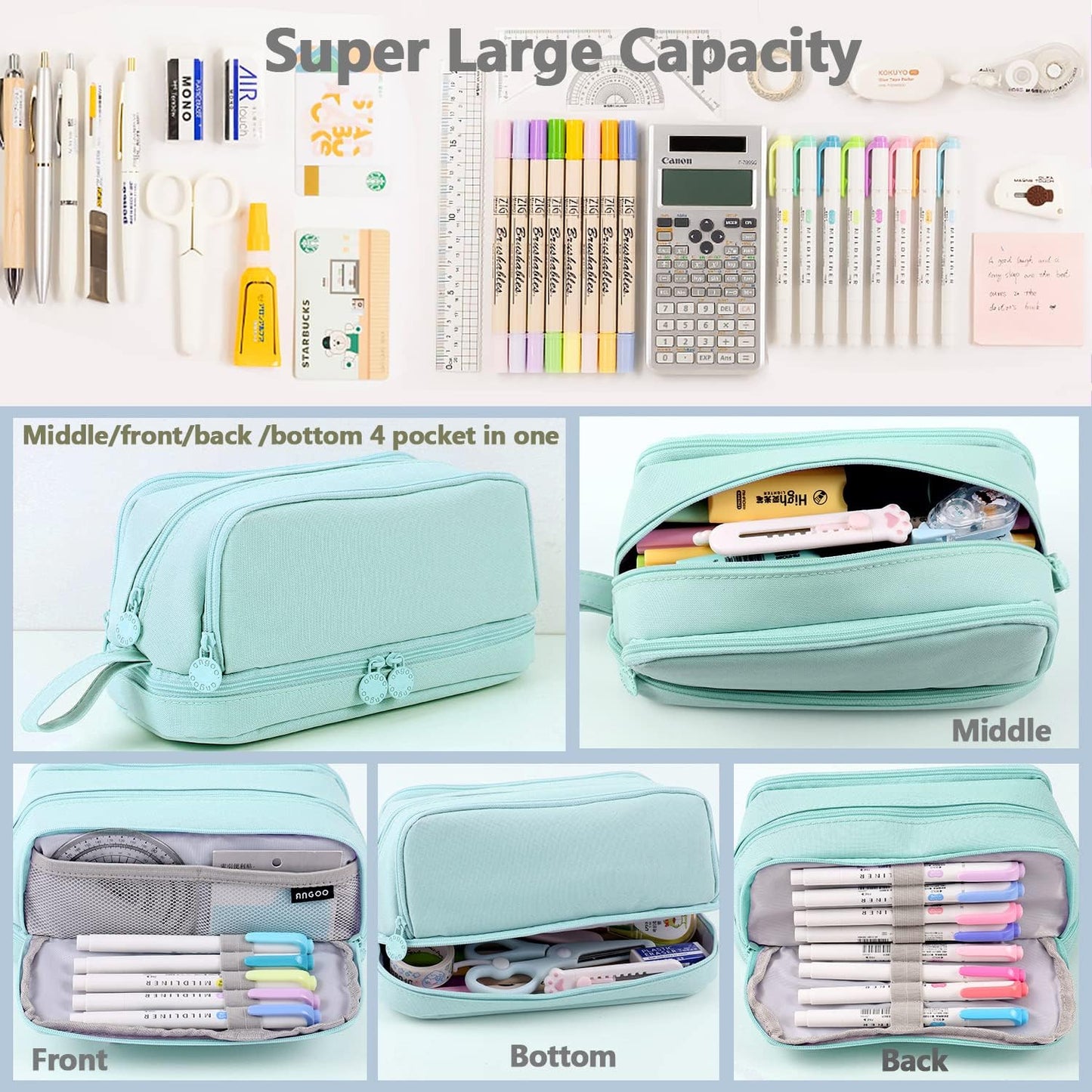MAMUNU Large Capacity Pencil Case 4 Compartments, Pencil Pouch Bag with Zipper Portable Handle, Pen Case Bag Stationery Organizer for Office College School Adults Teen Girls Boys Men Women, Black