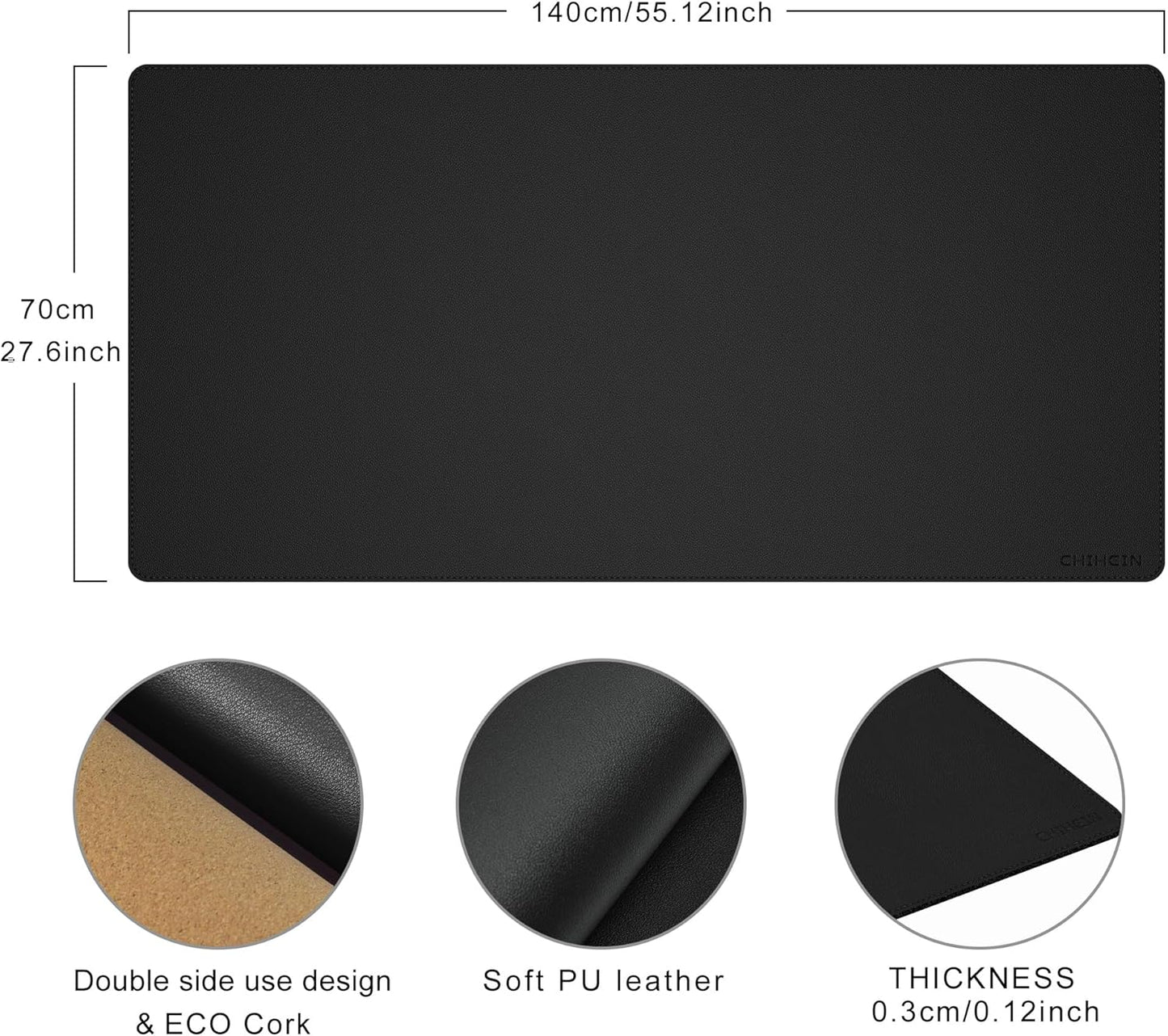 Chihein 2XL 35" x 16" Cork & PU Leather Desk Mat, Dual Sided Desk Pad Protector, Waterproof Writing Blotter for Gaming, Office, Home (Black)