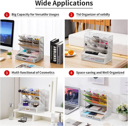 Marbrasse Larger Mesh Desk Organizer with Drawer, Multi-Functional Pen Pencil Holder, Easy Assembly, Desk Organizers and Accessories for Office Art Supplies (Black)