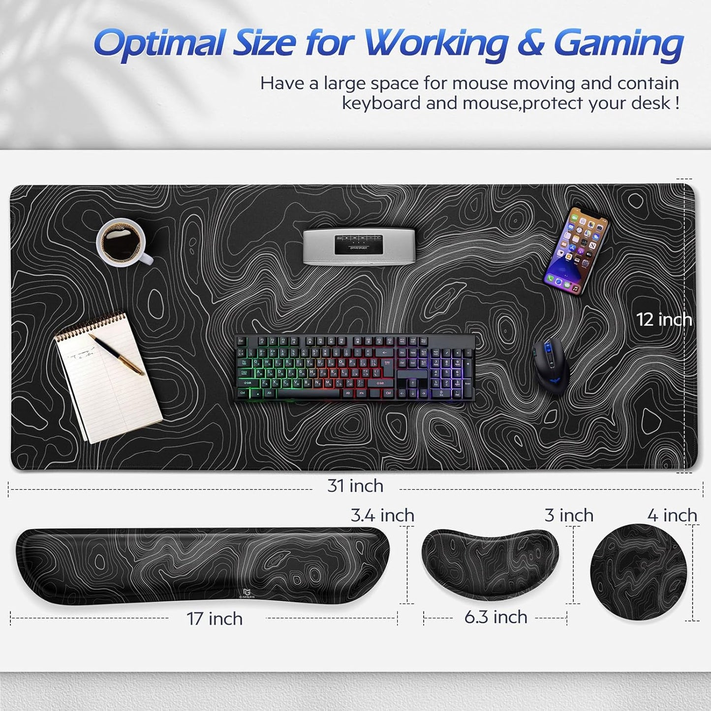 Gimars Upgrade Enlarge Silky and Superfine Fabric Gel Memory Foam Keyboard Wrist Rest Set, Ergonomic Keyboard Mouse Wrist Support for Typing Pain Relief, Comfort for Office, Gaming, Computer, Black