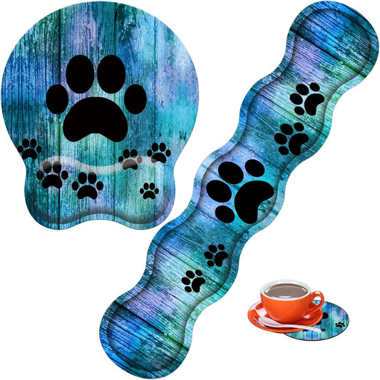 Mouse Wrist Rest and Keyboard Wrist Rest Pad Set, Non-Slip Rubber Base Smooth Surface Ergonomic Gaming Mouse Pad for Easy Typing and Pain Relief, Antique Blue Wood Grain Dog Paw + Coaster