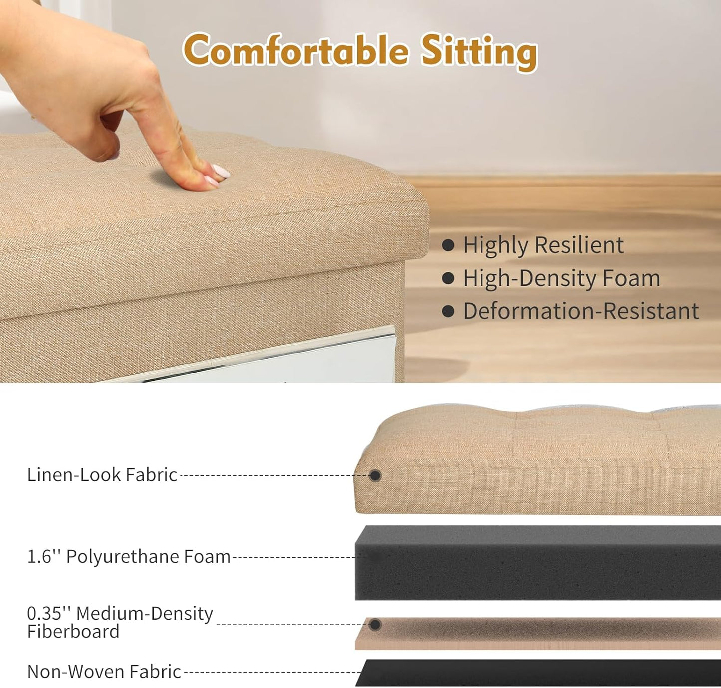 Storage Ottoman with Extra Thick Foam Padded Seat, Foldable Foot Rest Stool with Linen Fabric, 43L Ottoman with Storage Bench for Bedroom Living Room, Holds Up to 300lbs, 17x13x13in, Dark Gray