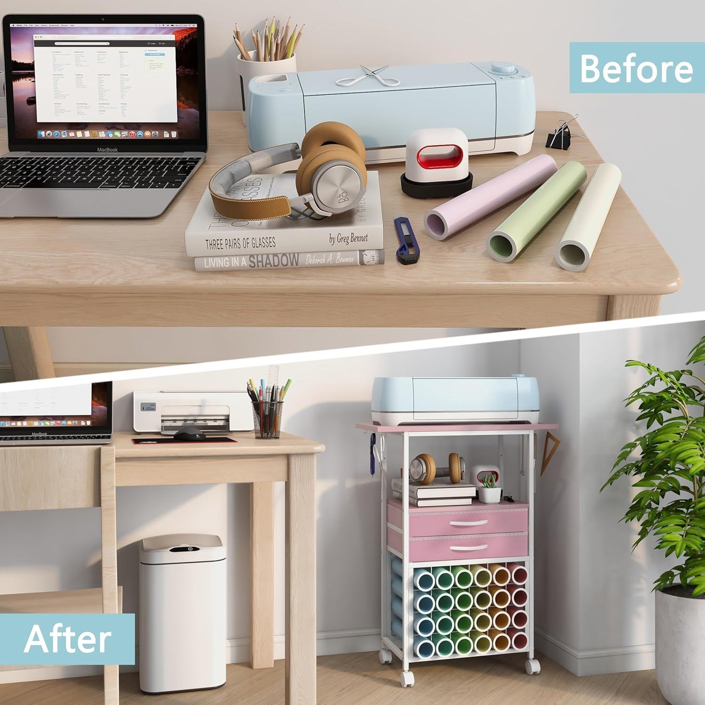 VENNQD Organizer and Storage Stand Compatible with Cricut Machines,Rolling Storage Cart/Shelf with 24 Vinyl Roll Holders，2 Fabric Drawer,Accessories Holder,Tool Hook for Craft Room Home (white)