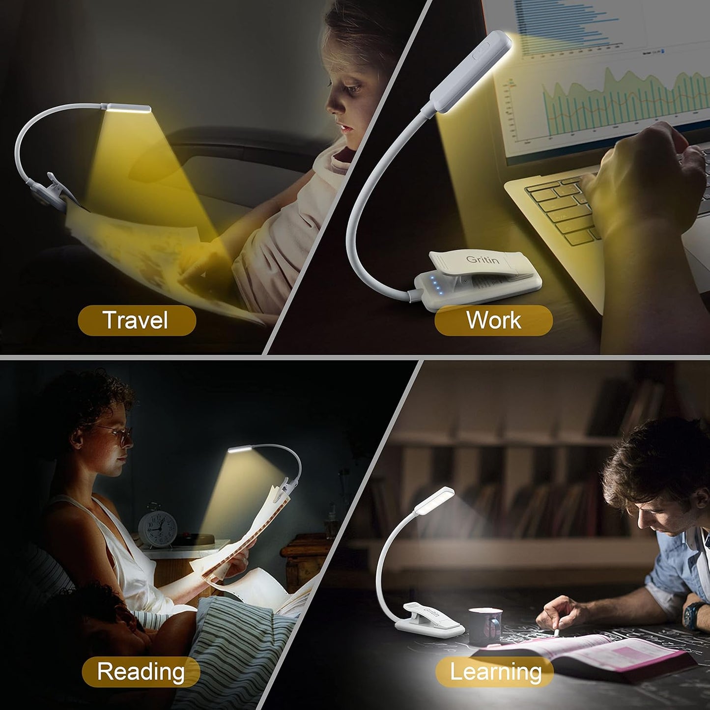 Gritin 9 LED Rechargeable Book Light for Reading in Bed - Eye Caring 3 Color Temperatures,Stepless Dimming Brightness,80 Hrs Runtime Small Lightweight Clip On Book Reading Light for Studying