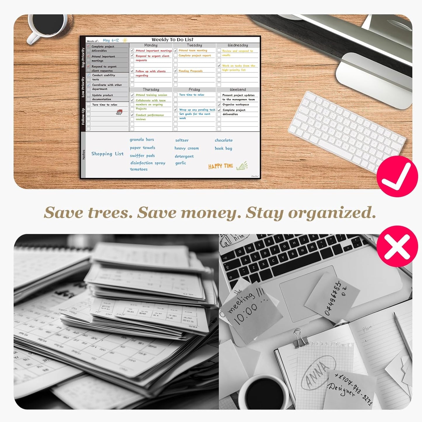 Dry Erase Desk Calendar Board - Reusable Desktop Weekly Planning Board, to-do List - 11.5"x14.5" Tabletop Dry Erase Board with Stand - 6 Markers Included