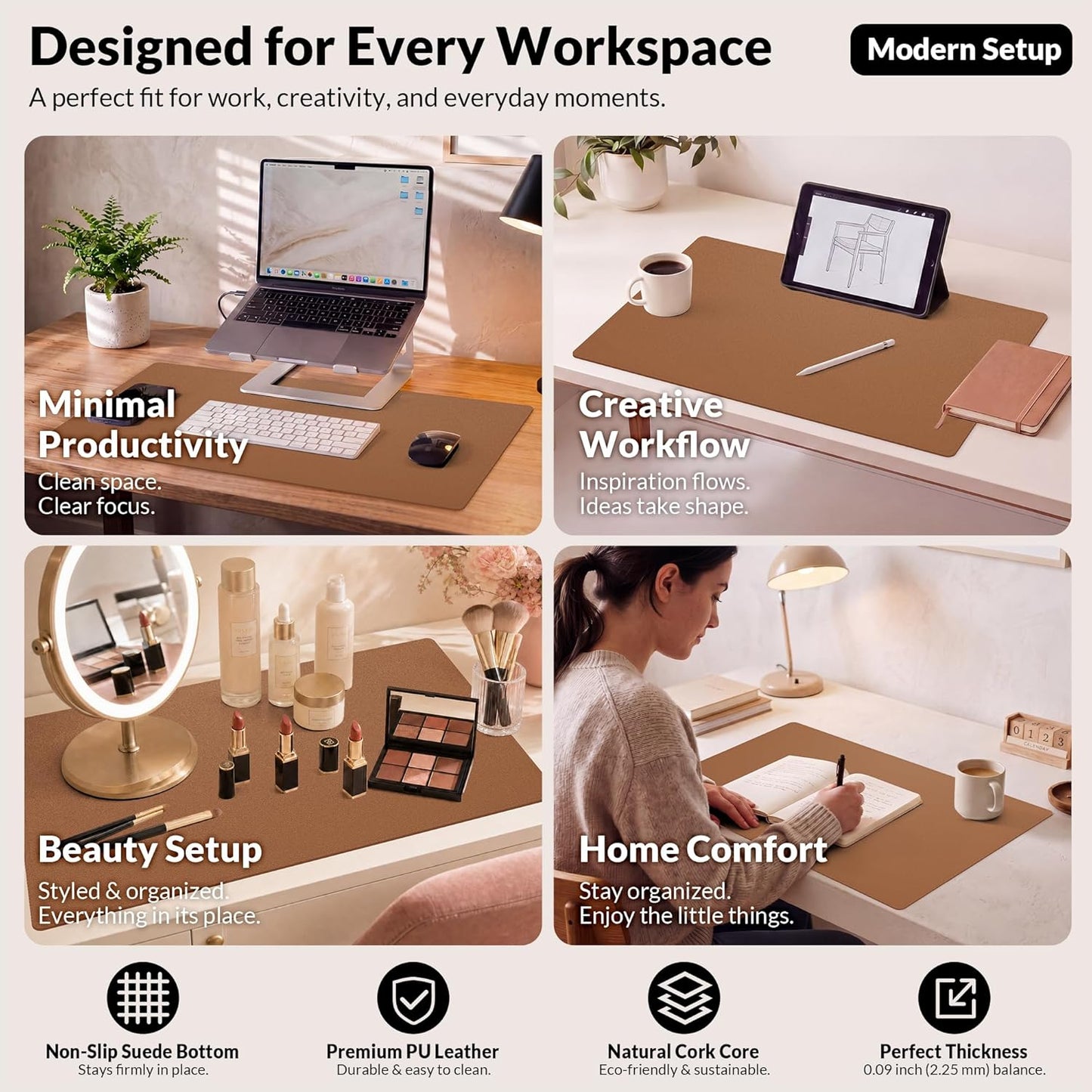 AFIING Large Desk Mat 47" x 17", Dual-Sided Natural Cork & PU Leather Desk Pad, Non-Slip Waterproof Mouse Pad for Office, Home & Gaming, Black