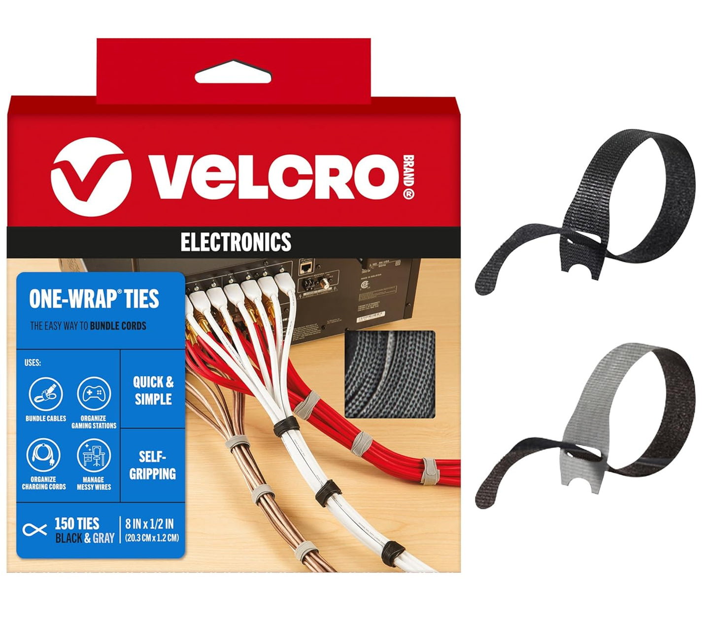 VELCRO Brand Reusable Cable Ties, Practical Tech Gifts for Men, 100 Pack 6 Inch Cable Management Ties for Electronics and Desk Organization, Black