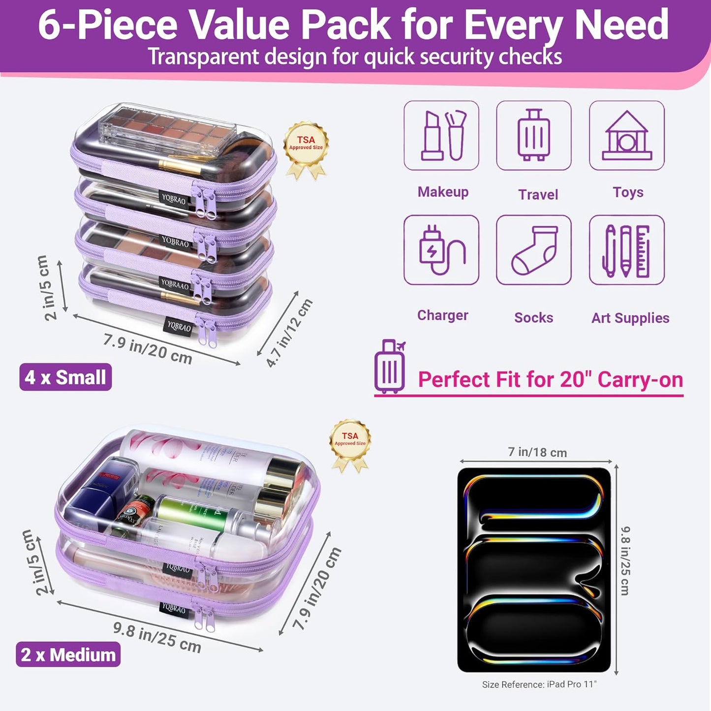 YQBRAO 6 Pack Clear Hard Shell Zipper Case, 1.2mm Heavy Duty Crush-Proof Diaper Bag Organizer Pouches, TSA Approved Travel Makeup Bag for Toiletries & Electronics, (2L, 2M, 2S) Multi-Size Storage Set