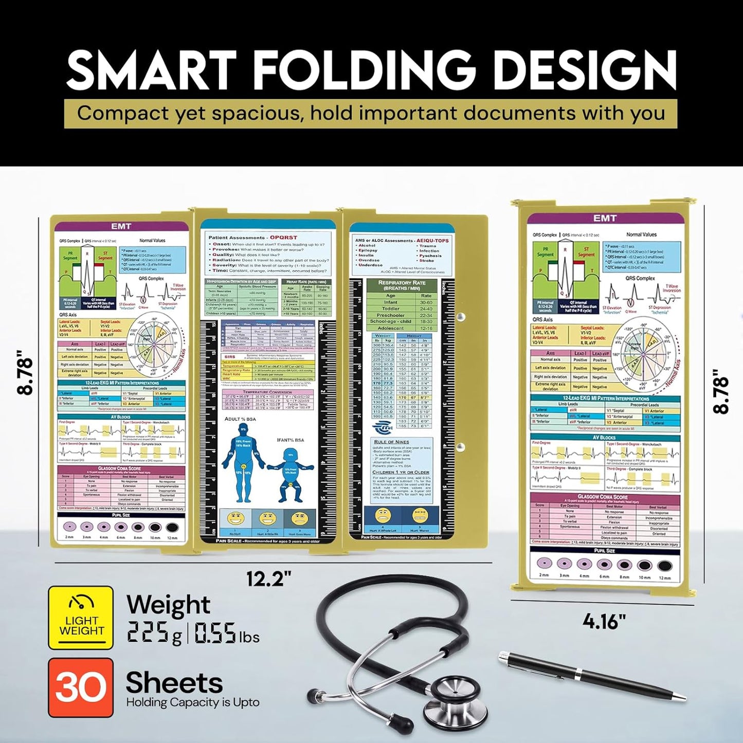 Nursing Clipboard Foldable with Medical Edition Cheat Sheets, 3 Layers Aluminum Foldable Clipboard for Nursing, Notepad for Students, Nursing School Essentials (Black)