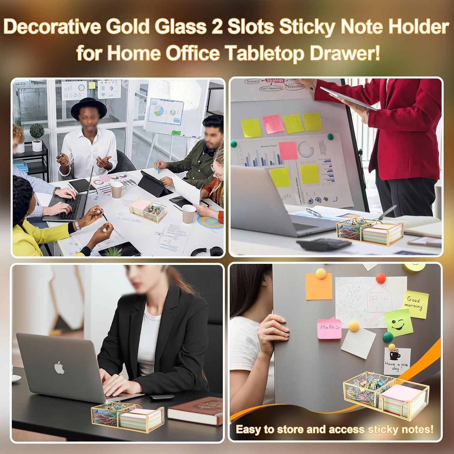 Glass Sticky Note Holder, Gold Post It Note Dispenser for Desk,3 x 3 Inch Post It Note Holder,Stylish Sticky Note Dispenser for Home Office Desk