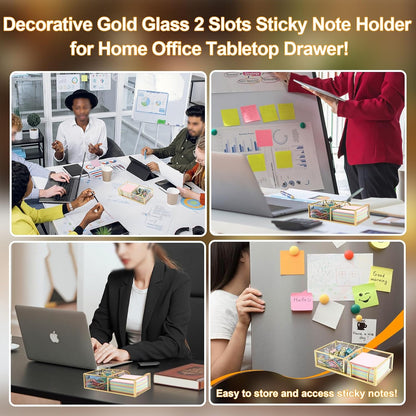 Glass Sticky Note Holder, Gold Post It Note Dispenser for Desk,3 x 3 Inch Post It Note Holder,Stylish Sticky Note Dispenser for Home Office Desk
