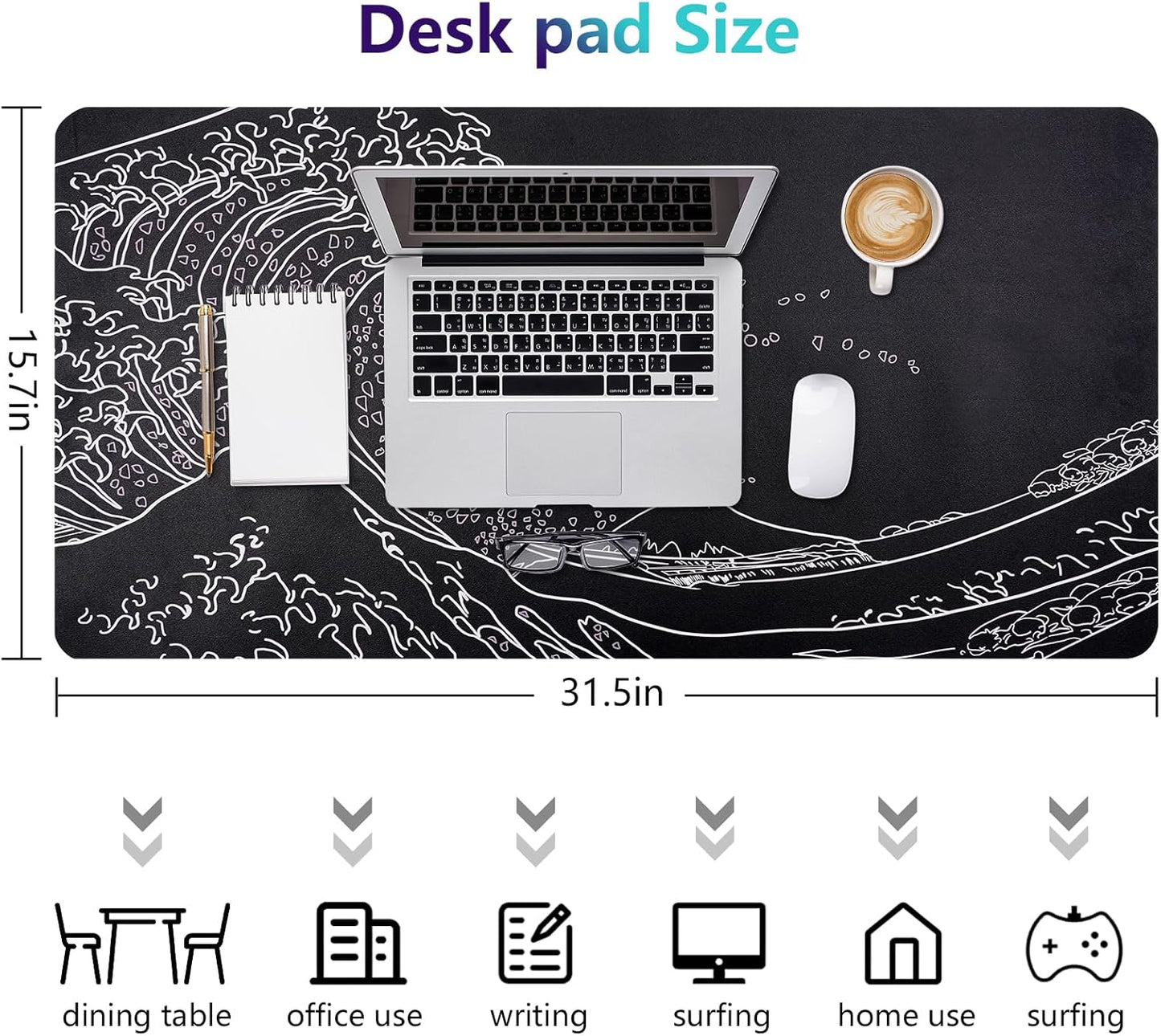 Dual-Sided Desk Pad, Large Mouse Pad - Natural Cork & PU Leather Non-Slip Waterproof Desk Mats for Office and Home (Blue, 31.5" x 15.7")