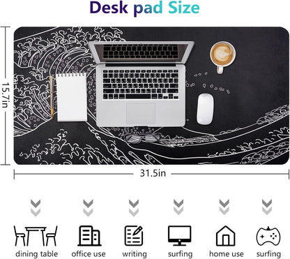 Dual-Sided Desk Pad, Large Mouse Pad - Natural Cork & PU Leather Non-Slip Waterproof Desk Mats for Office and Home (Blue, 31.5" x 15.7")