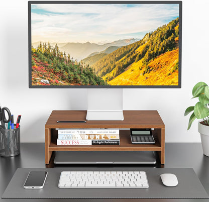 BONTEC Wooden Monitor Stand Riser for Desk, 2-Tier Computer Monitor Stand with Storage, 66 lbs Desk Shelf Organizer, Laptop & Printer Stand with Phone Holder and Cable Management, White, 16.5 Inch