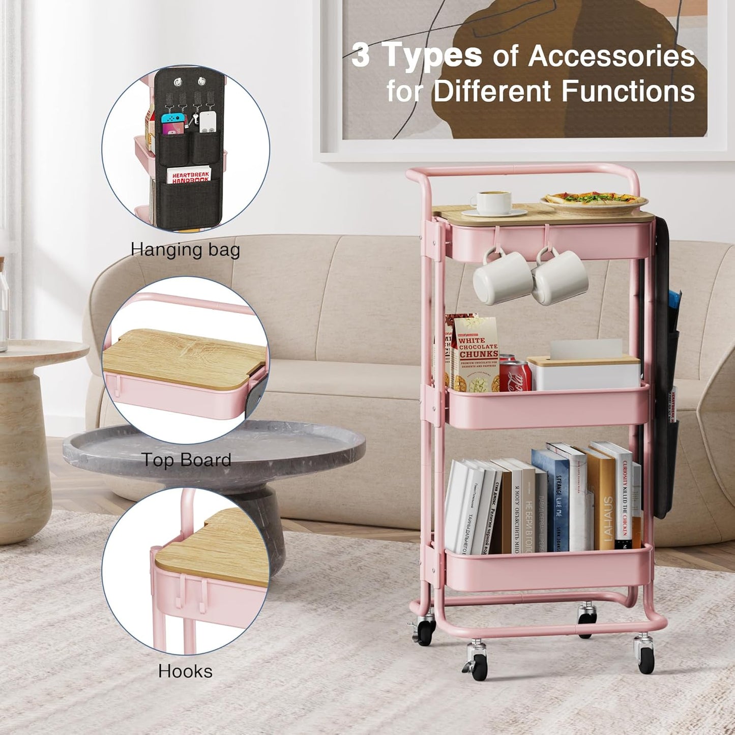 DTK 3 Tier Metal Utility Rolling Cart with Table Top and Side Bags, Tray Storage Organizer Wheels, Art Craft 4 Hooks for Kitchen Bathroom Office Living Room (Black)
