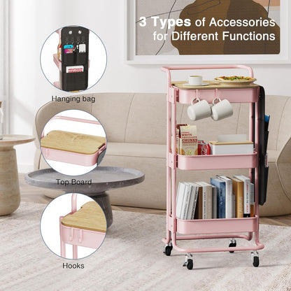 DTK 3 Tier Metal Utility Rolling Cart with Table Top and Side Bags, Tray Storage Organizer Wheels, Art Craft 4 Hooks for Kitchen Bathroom Office Living Room (Black)
