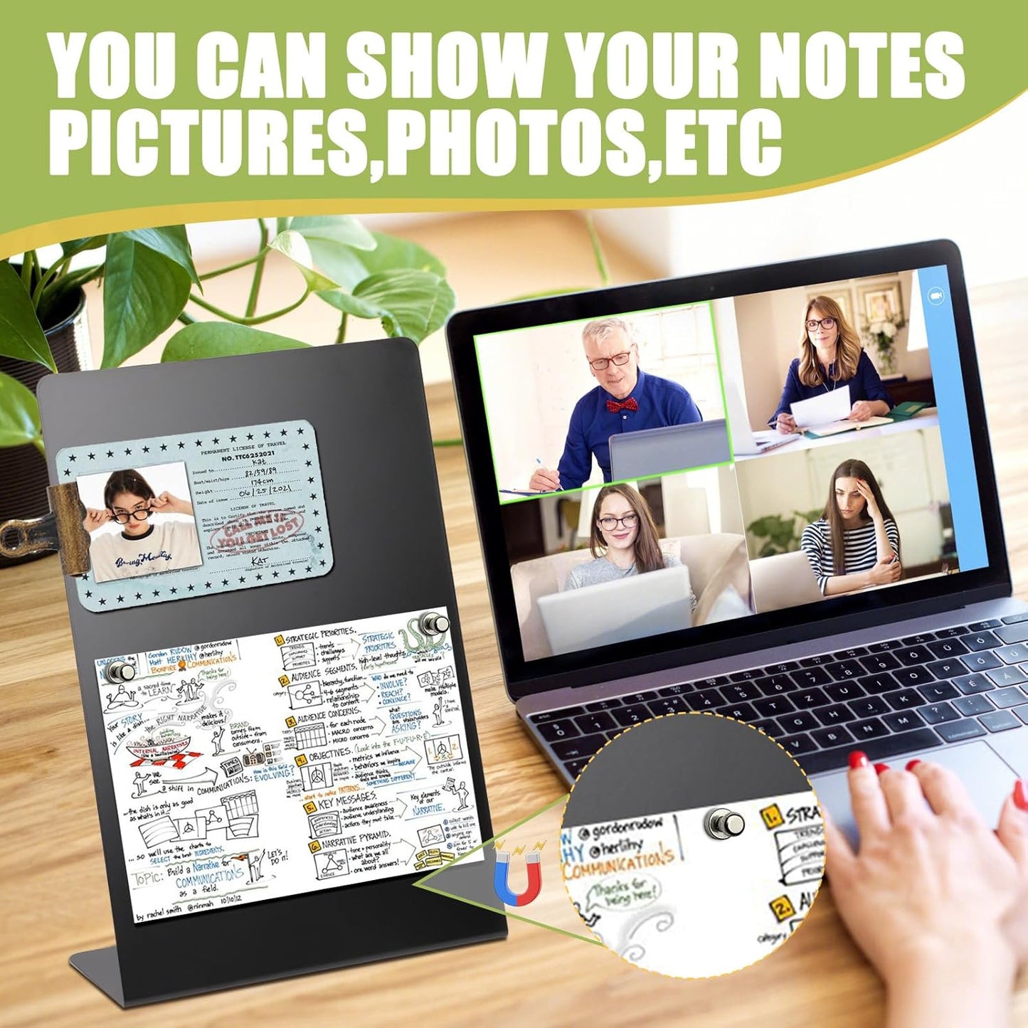 Magnetic Display Board - Desktop Metal Memo Board for Notes & Photos, 11x9.8 Inch Small Black Magnetic Bulletin Board, Includes Clips for Office, Room Decor (11 * 12.6inch, Count, 1)