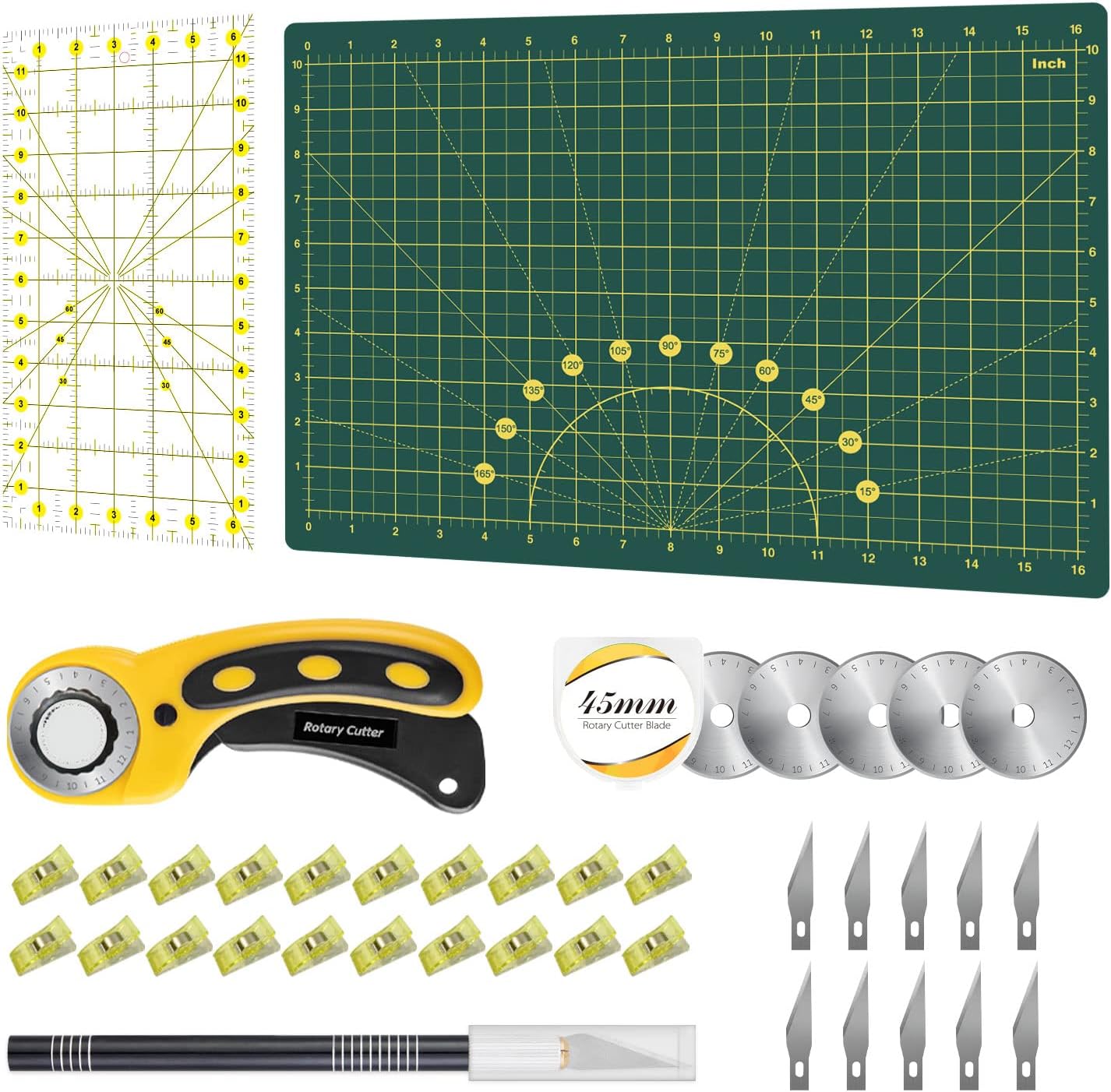 Headley Tools Rotary Cutter Set - 45mm Fabric Cutter, 5 Extra Rotary Blades, A3 Cutting Mat, Quilting Ruler and Sewing Clips, Craft Knife Set, Ideal for Crafting, Sewing, Patchworking, Purple