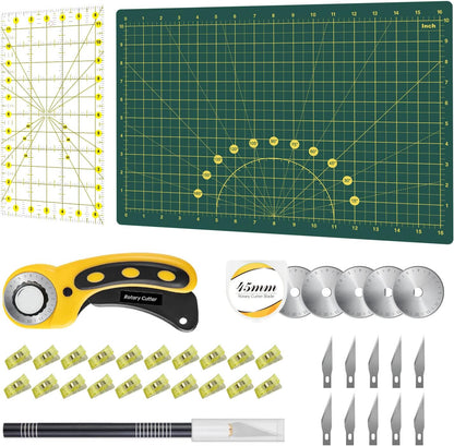 Headley Tools Rotary Cutter Set - 45mm Fabric Cutter, 5 Extra Rotary Blades, A3 Cutting Mat, Quilting Ruler and Sewing Clips, Craft Knife Set, Ideal for Crafting, Sewing, Patchworking, Purple