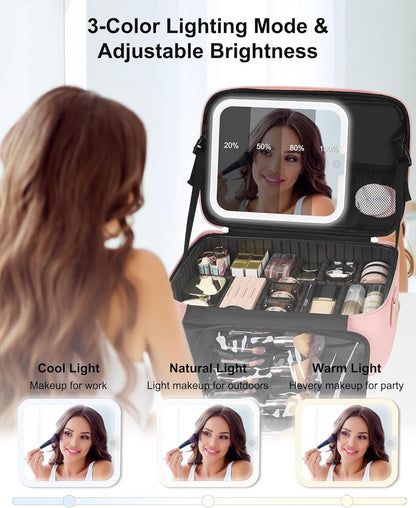 Relavel Travel Makeup Bag With LED Mirror, Cosmetic Train Case with Light up Mirror, Portable Makeup Artist Organizer Bag with Adjustable Dividers, Makeup Brush Holder Storage, Black