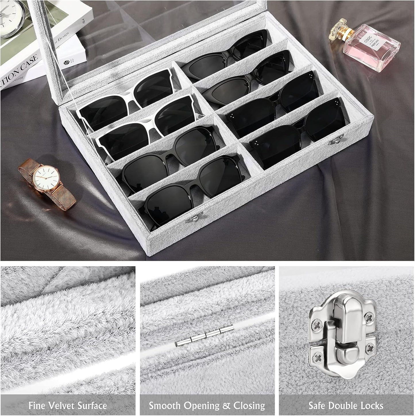 Emibele Glasses Organizer Jewelry Tray, 8 Grids with Clear Lid Velvet Tray Watch Storage Stackable Jewelry Showcase Display Storage with Detachable Inner Dividers, Beige