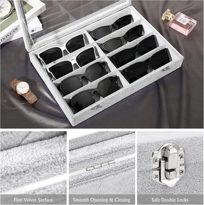 Emibele Glasses Organizer Jewelry Tray, 8 Grids with Clear Lid Velvet Tray Watch Storage Stackable Jewelry Showcase Display Storage with Detachable Inner Dividers, Beige