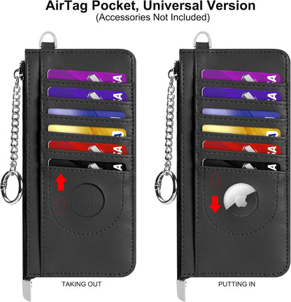RFID Blocking Slim Credit Card Holder Wallet with Zipper Money Pocket & Keychain, Slim Airtag Wallet for Men Women