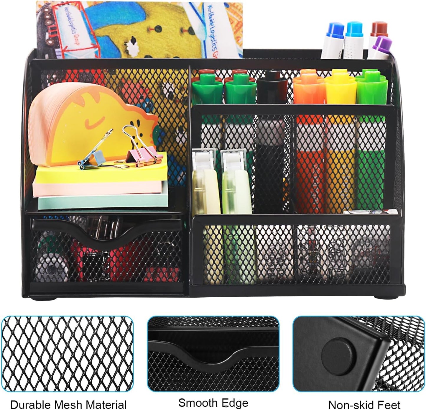 Comix 360° Rotating Pen Holder for Desk, 5 Compartments Office Desk Organizer, Black Mesh Metal Pencil Holder Cup for Office Home School